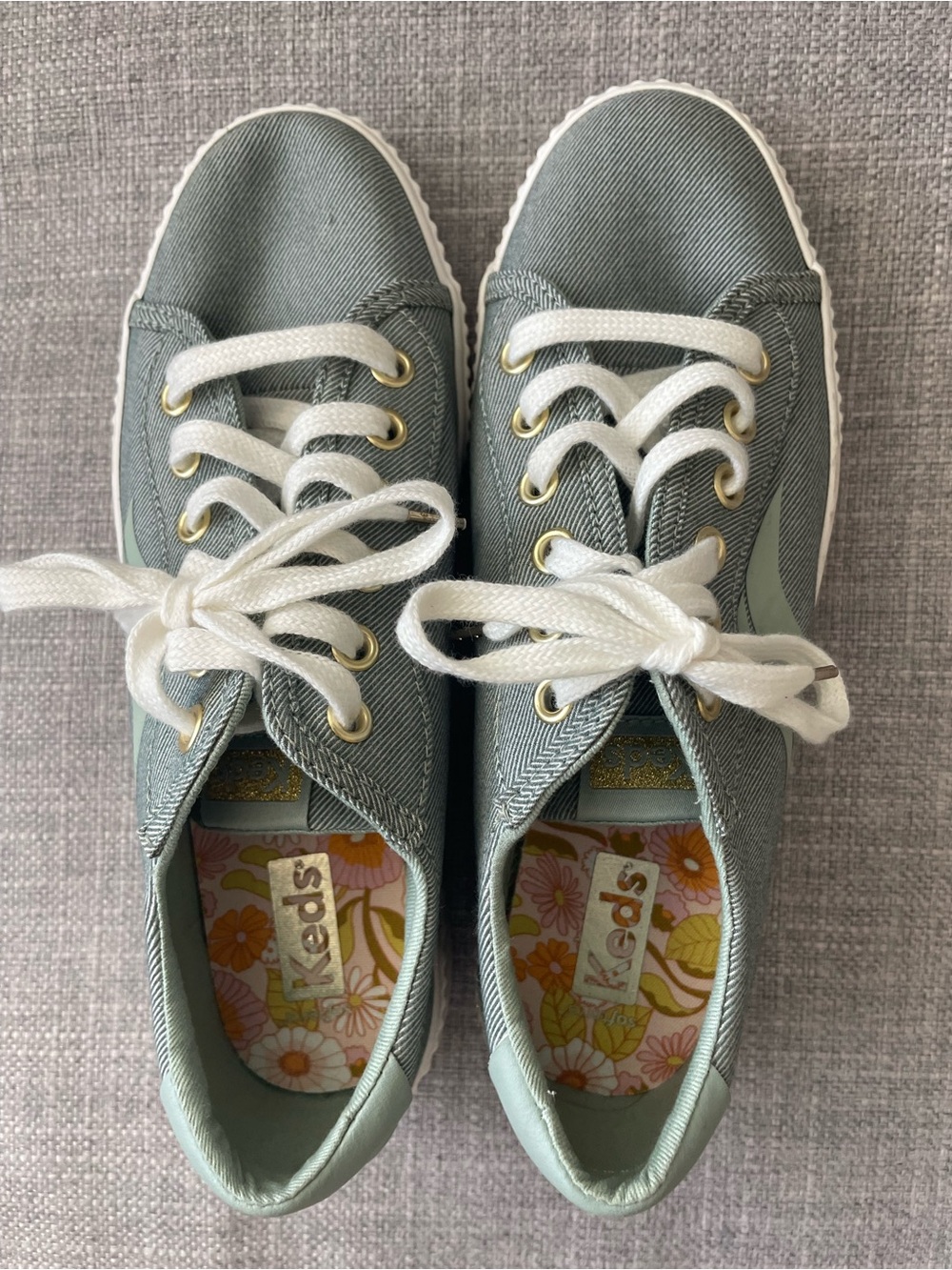 Keds Women’s Crew Kick Alto Sneakers in light olive twill with rubber sole.